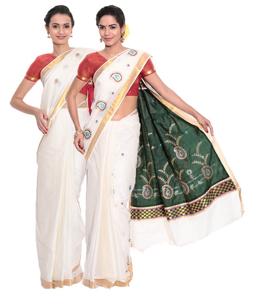 Fashion Kiosks White Kerala Kasavu Cotton Saree with Matching Blouse