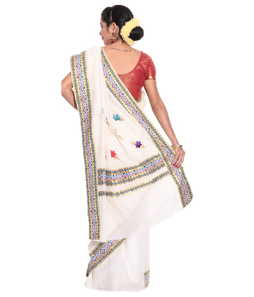 Fashion Kiosks White Kerala Kasavu Cotton Saree With Matching Blouse