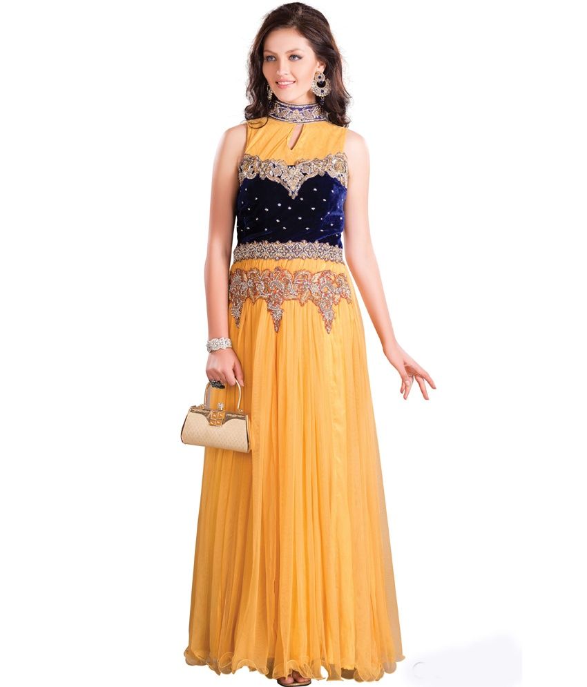 yellow net long frock