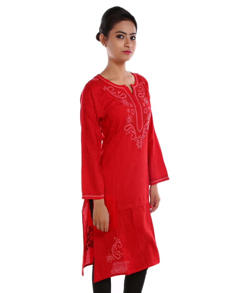 Ada Lucknow Chikan Hand Embroidery Handmade Red XS Cotton Lucknow ...