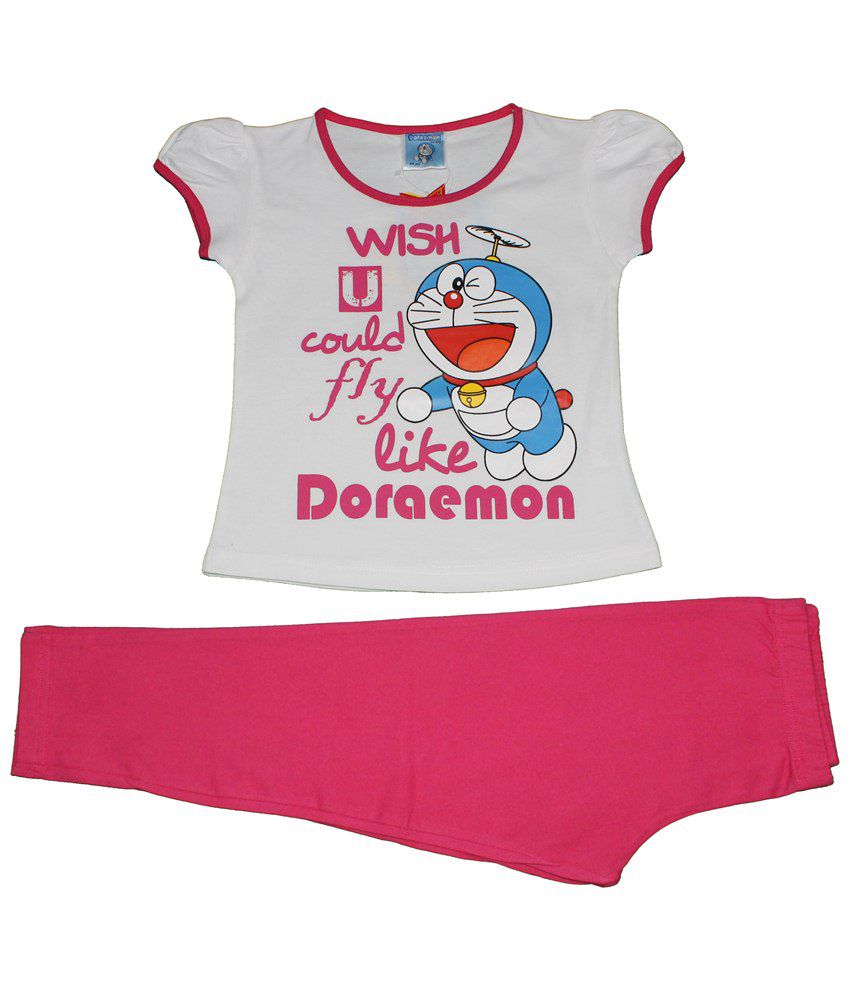 Doraemon White And Pink Wish I Could Fly Round Neck Half Sleeve Night