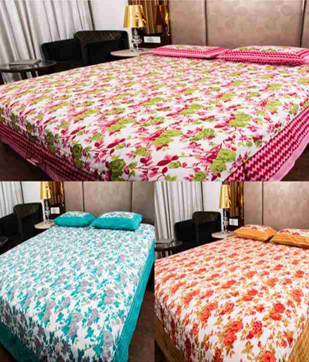     			UniqChoice MuliColoured Jaipuri Printed Cotton 3 Double Bed Sheet Combo With 6 Pillow Cover