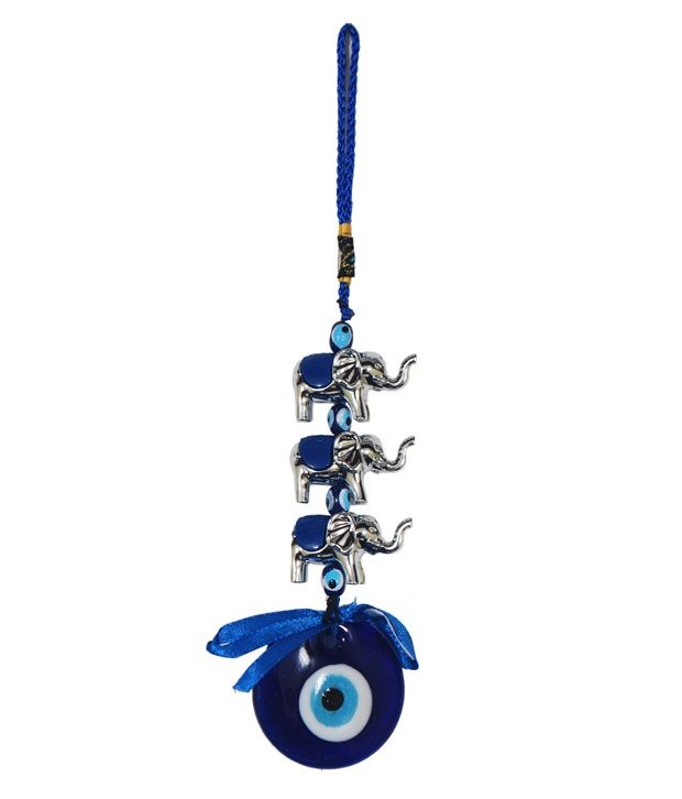     			PG Handicrafts Blue Glass Evil Eye Hanging With Three Elephants