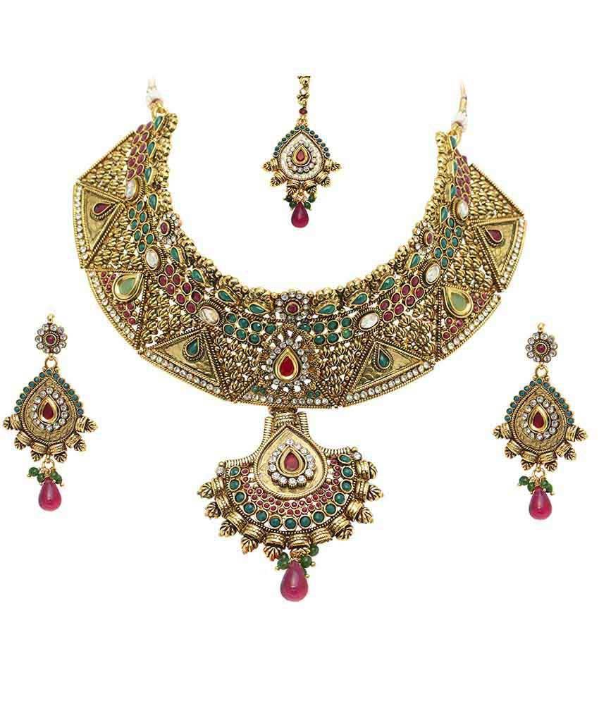 9blings Golden Enamel Necklace Set With Maang Tika - Buy 9blings Golden ...