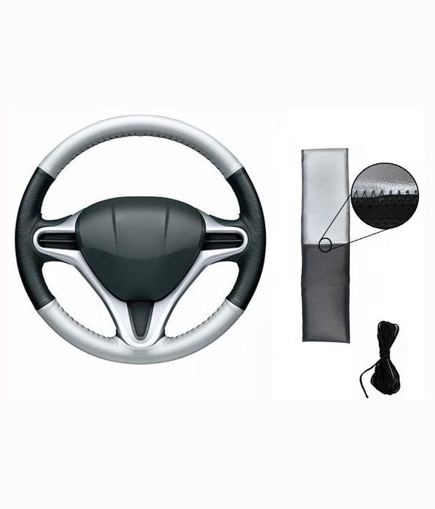 Spedy Black & Silver Leatherhette Car Steering Wheel Cover For Maruti