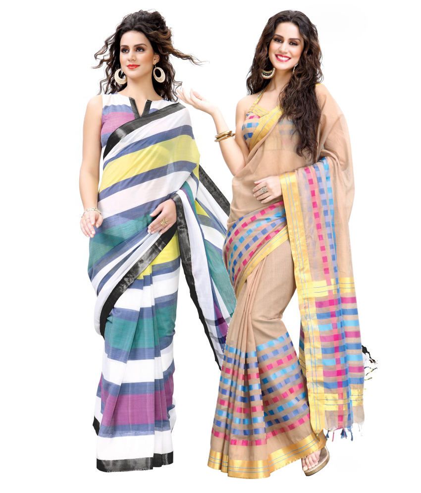 Reet Combo of Green and Beige Cotton Sarees with Blouse Piece - Buy ...