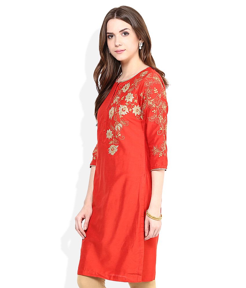 Biba Orange & Golden Embroidered Kurta Buy Biba Orange & Golden