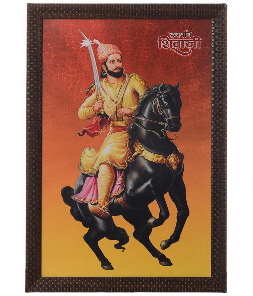     			eCraftIndia Orange & Black Shivaji Maharaj Satin Framed UV Art Print Painting