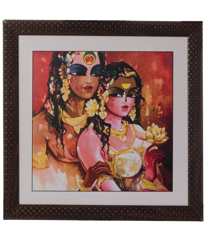     			eCraftIndia Orange & Yellow Radha Krishna Satin Framed UV Art Print Painting