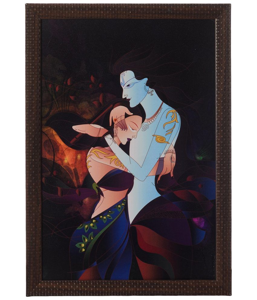     			eCraftIndia Sky Blue & Orange Radha Krishna Love Moments Satin Framed UV Art Print Painting