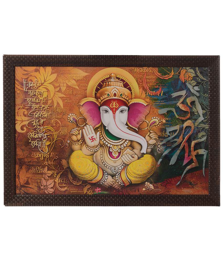     			eCraftIndia Yellow & Orange Lord Ganesha Satin Framed UV Art Print Painting