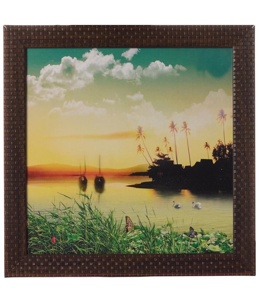     			eCraftIndia Green & Yellow Morning Lake View Satin Framed UV Art Print Painting