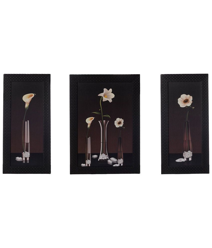     			eCraftIndia Pack of 3 Black & White Floral Glass Pot Satin Framed UV Art Print Paintings