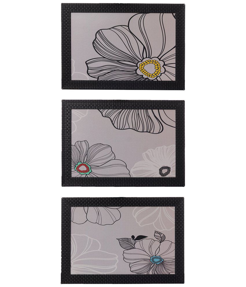     			eCraftIndia Pack of 3 Gray & Black Sketched Floral Satin Framed UV Art Print Painting