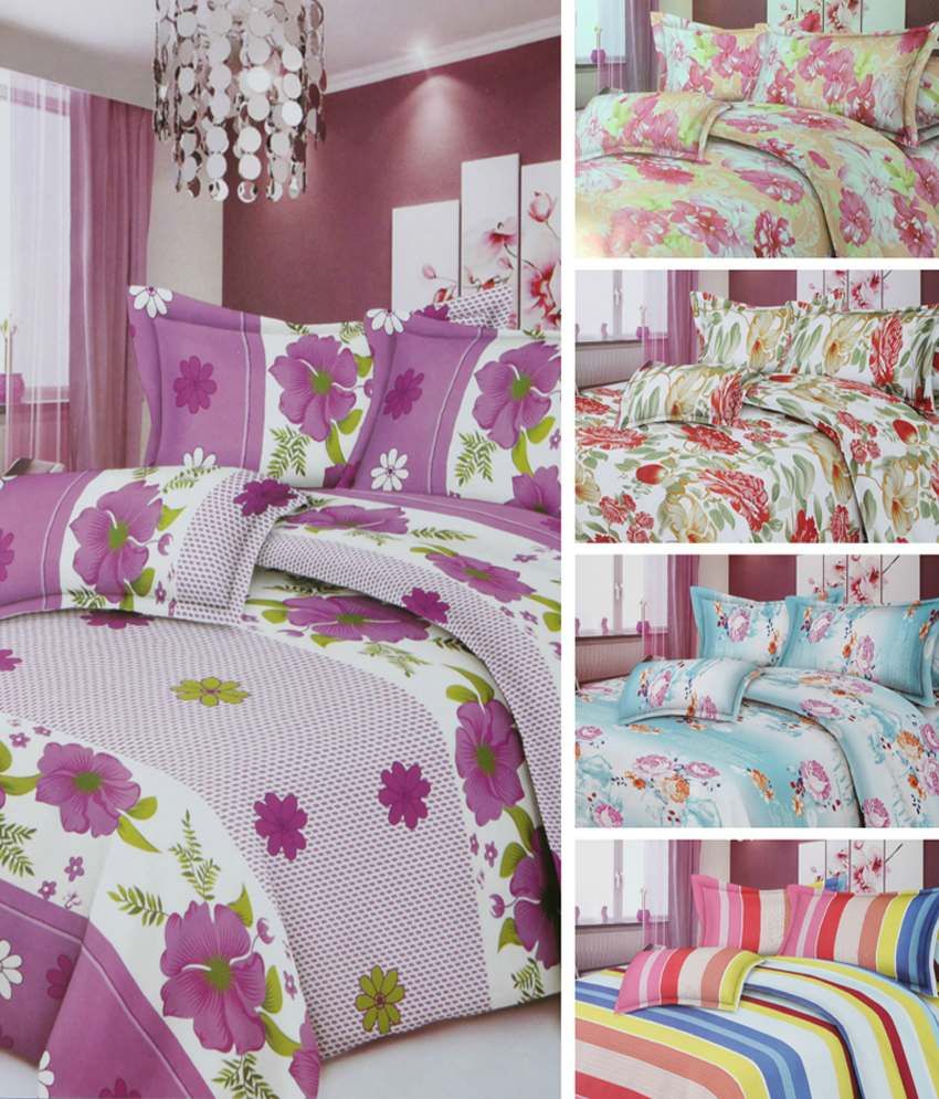 Paprika Combo of 5 Multicolour Polyester Double Bedsheets with 10
