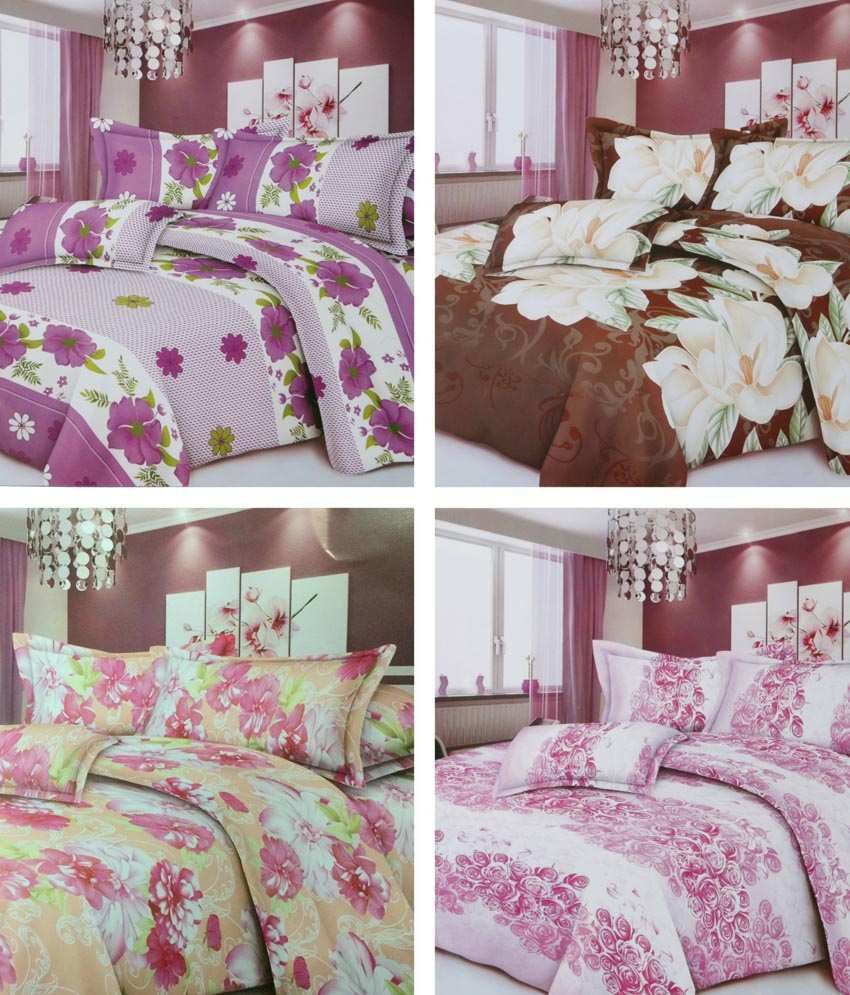 Paprika Combo Of 4 Multicolor Polyester Double Bedsheet With 8 Pillow