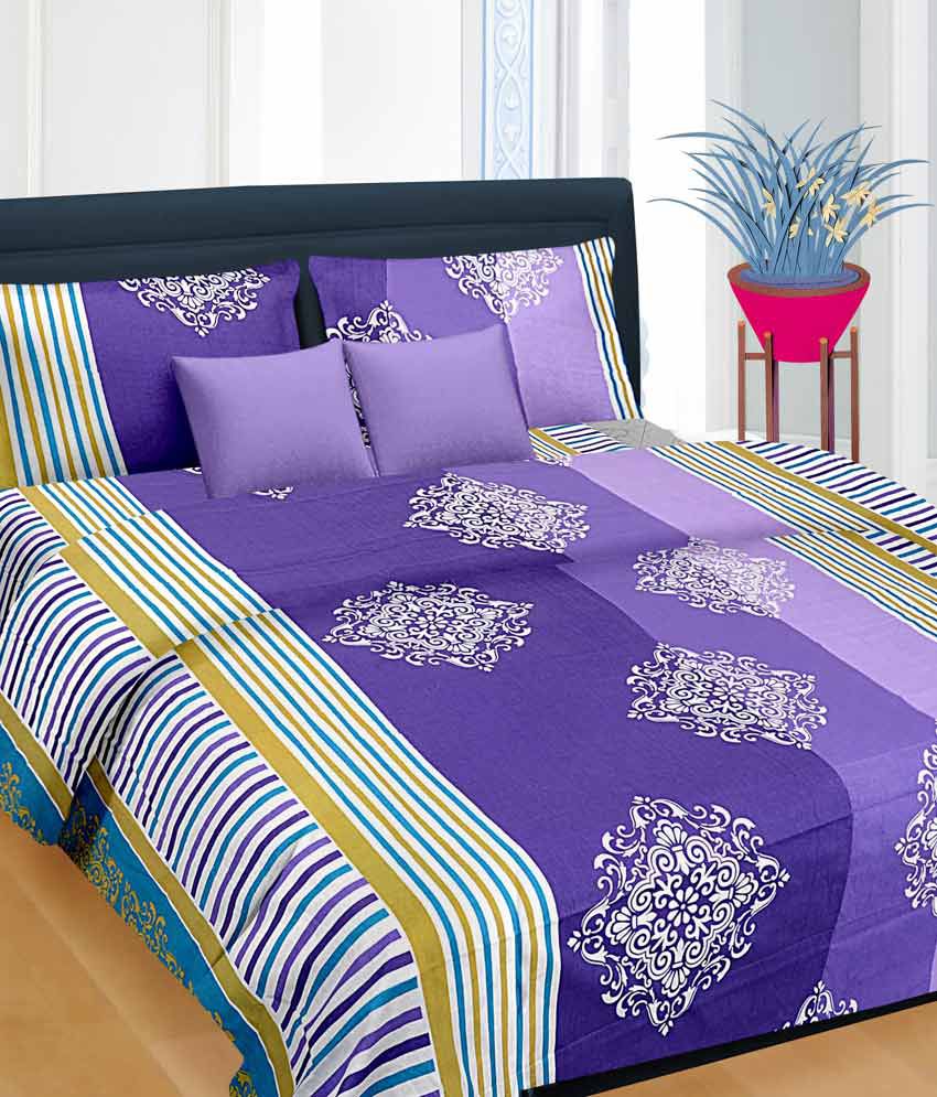 Cortina Purple Cotton Double Bedsheet  With 2 Pillow Cover 