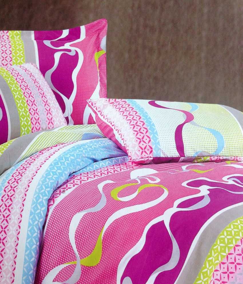 Tima Multicolour Printed Polyester Double Bedsheet With Two Pillow