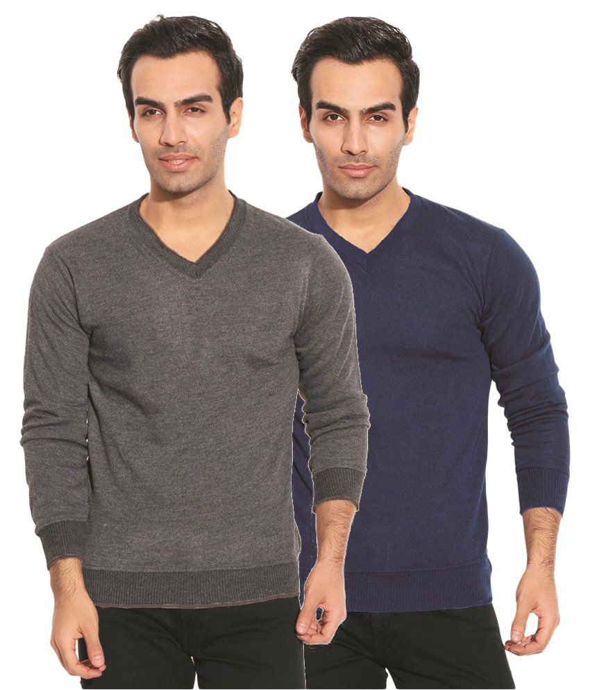 Zion Grey and Blue Full Sleeves V- Neck Solid Sweater - Pack of 2 - Buy ...