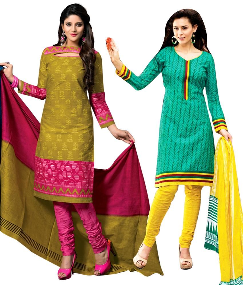 Drapes Combo of Green and Yellow & Green Unstitched Dress Material for ...