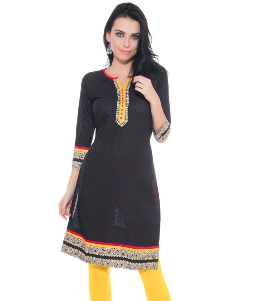 Satrangi Black Cotton Kurti Combo Of Black Kurti And Yellow Leggings ...