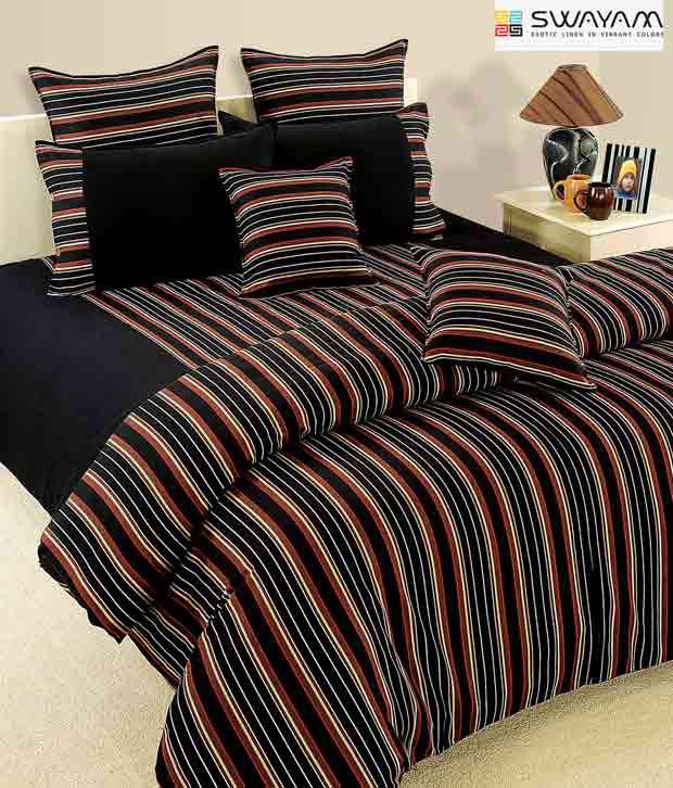 Swayam Black & Maroon Striped Bed Sheet Set Buy Swayam Black & Maroon Striped Bed Sheet Set
