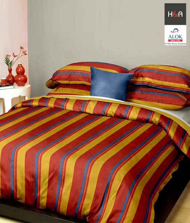 H&A Mustard & Red Striped Double Bed Sheet Buy H&A Mustard & Red