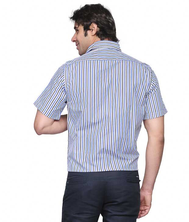 blue and white striped shirt with khakis