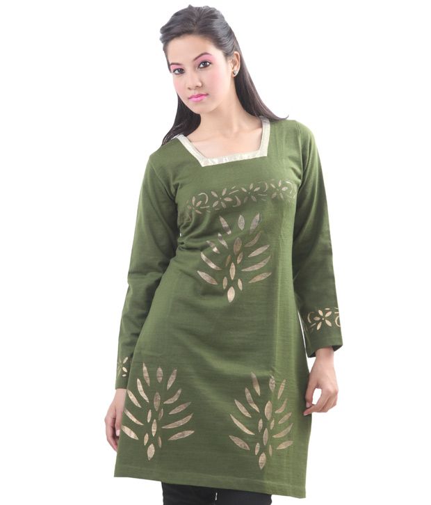 Paislei Awesome Mehndi Green Woolen Kurti Buy Paislei Awesome Mehndi 