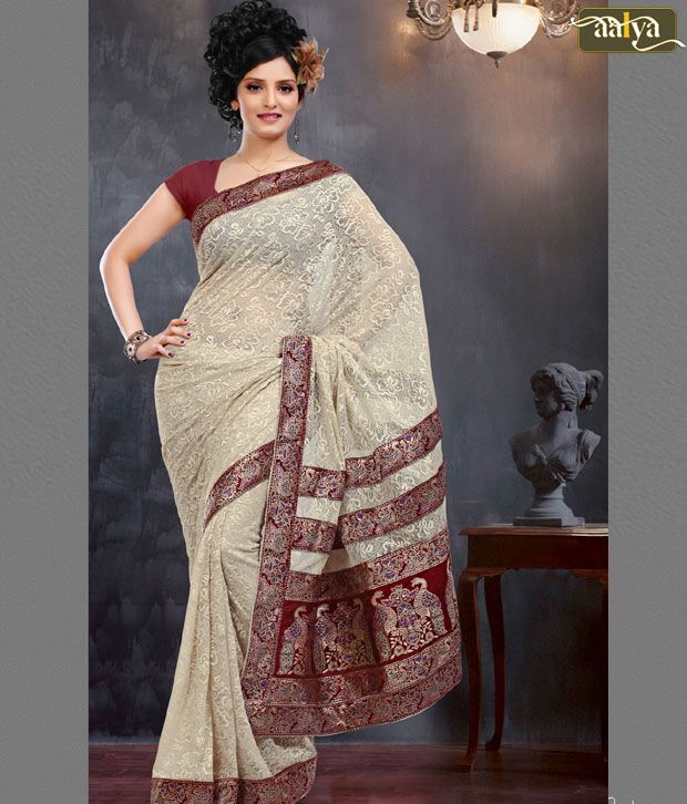 cream and maroon bridal saree