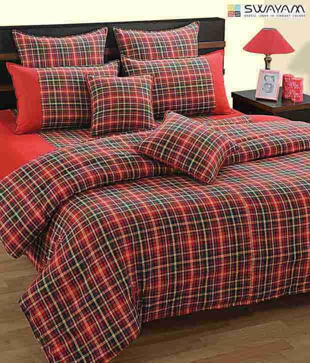 Swayam Plaid Pattern Red & Black Bed Sheet With Two Pillow Covers Buy