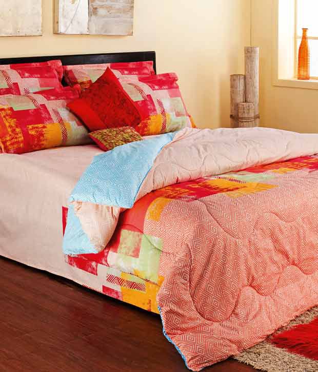Portico New York Peach Geometric Double Bed Sheet & 2 Pillow Covers ...