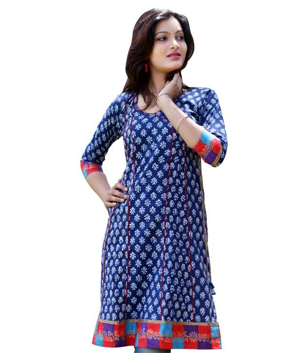 Jaipur Kurtis Cotton Blue Printed Kurti - Buy Jaipur Kurtis Cotton Blue Printed Kurti Online at 