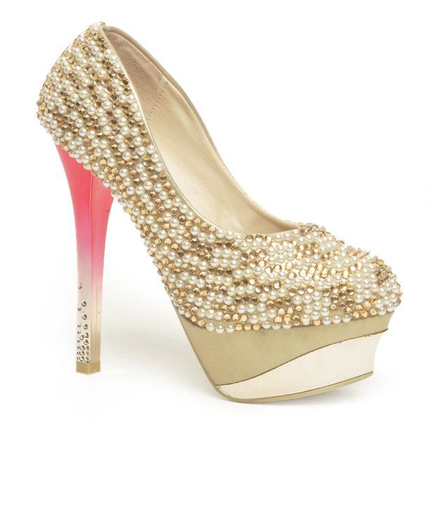 Reyna Studded Golden Pencil Heel Pumps Price in India- Buy Reyna ...