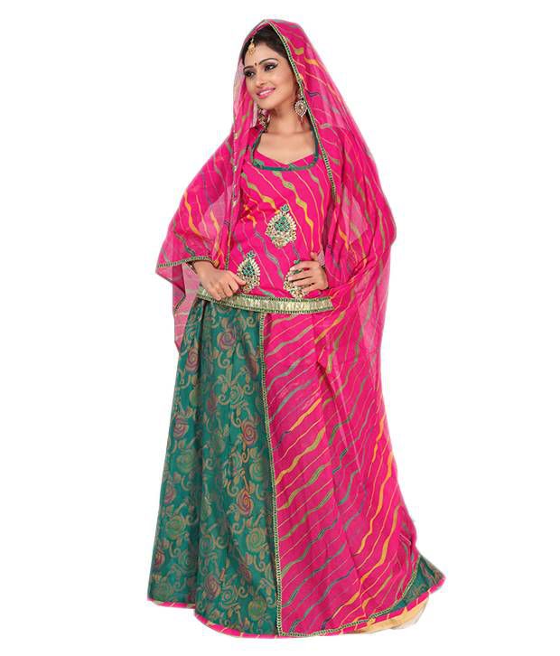 Admyrin Pink & Green Cotton Rajasthani Lehenga - Buy Admyrin Pink ...