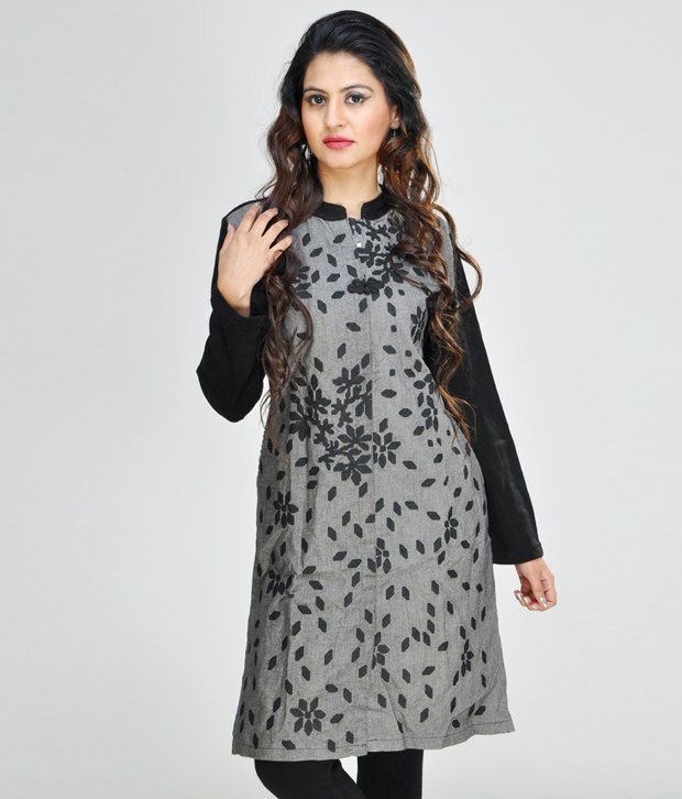 Paislei Grey-Black Embroidered Woolen Kurti - Buy Paislei Grey-Black ...