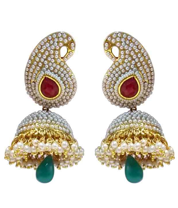 Beget Golden with White Pearls and Green Drop Hanging Earrings - Buy ...
