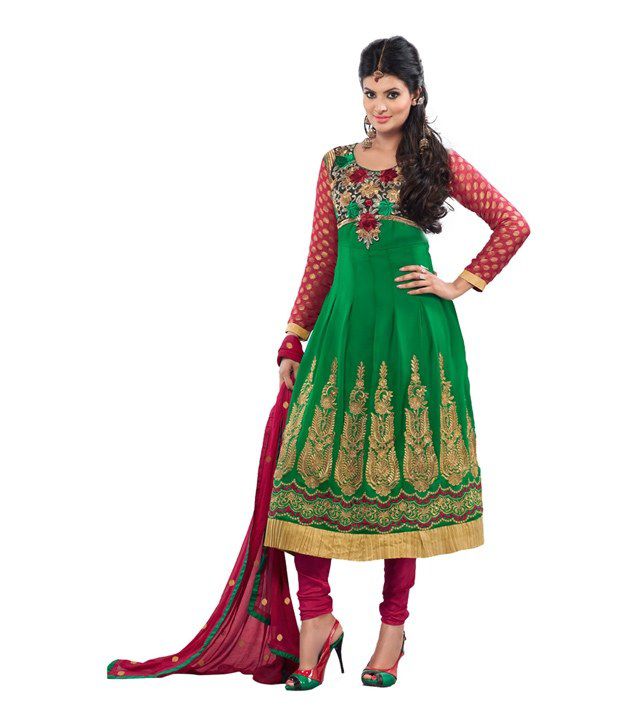 Fabdeal Green & Red Falored Faux Georgette Embroidered Dress Material ...