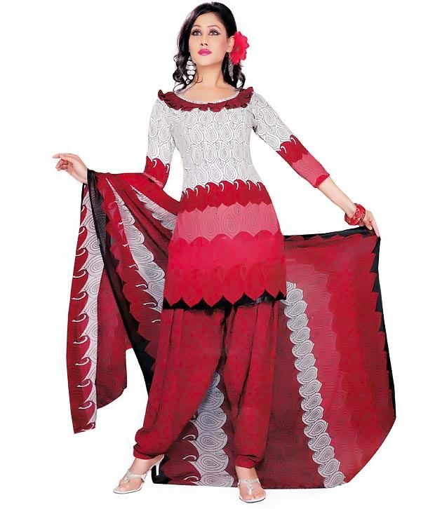 Stylo8 Red & White color UnStitched French Crepe Dress Material with