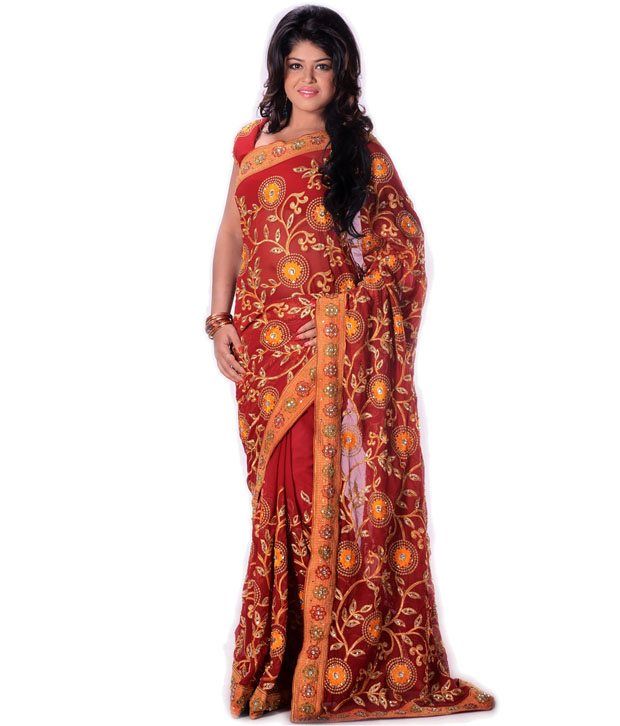 Utsav Fashion Red Embroidered Faux Georgette Saree With Unstitched ...