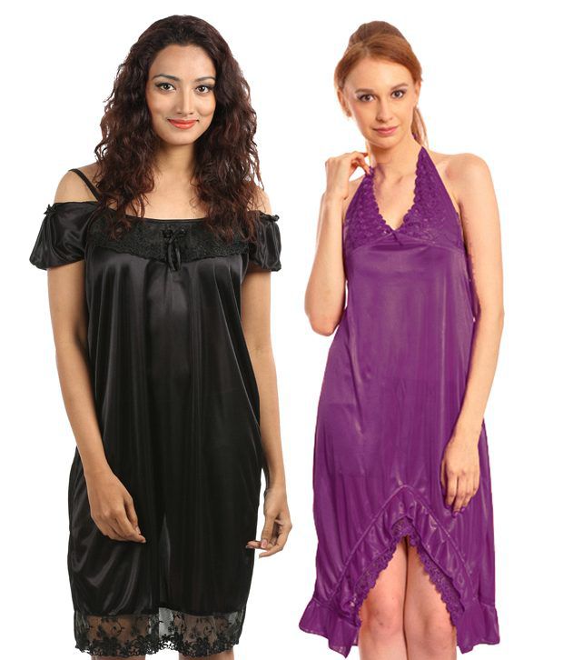 Buy Klamotten Black Satin Nighty And Night Gowns Pack Of 2 Online At Best 