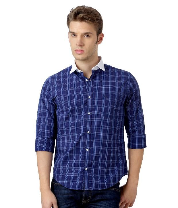 Peter England Dark Blue Checkered 