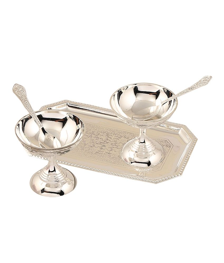 Rangsthali Silver Plated Brass Ice Cream Bowl And Tray Set (5 Pcs): Buy 