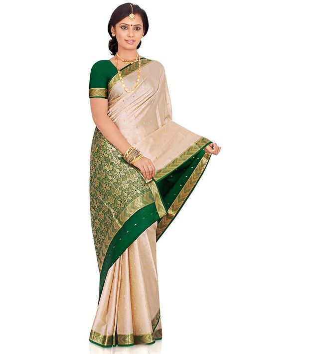 Utsav Fashion Green and Beige Pure Mysore Silk Saree with Blouse - Buy