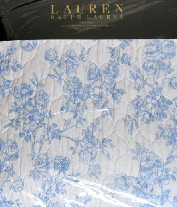 Lauren Ralph Lauren King Size Quilt Blue Roses Floral on White