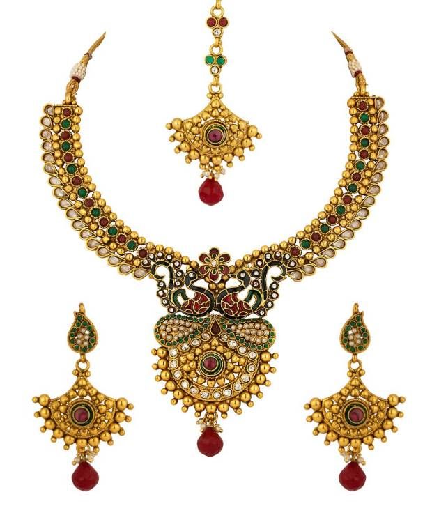 Voylla Gold Plated Mang Tikka Set With Twin Peacock Design; Meenakari ...