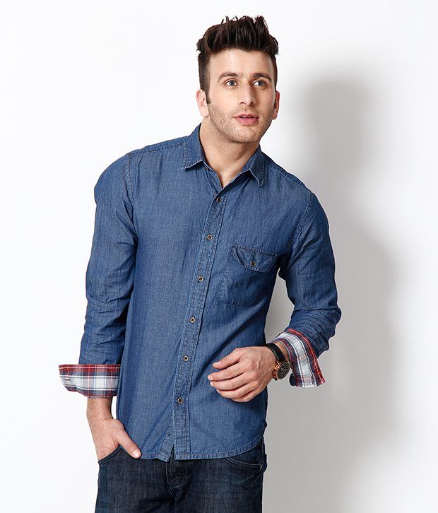 Silver Streak Dark Blue Smart Denim Shirt Buy Silver Streak Dark Blue Smart Denim Shirt Online