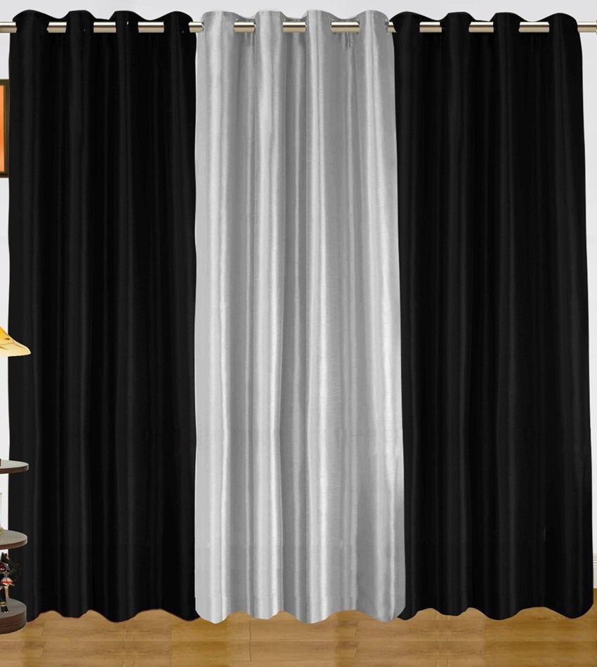 Dekor World Plain Black Silver Eyelet Curtain Combo - Set of 3 Solid