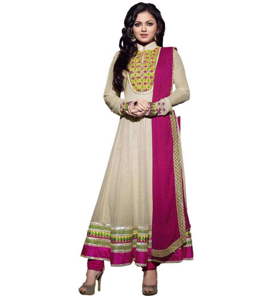 Madhubala Beige And Hot Pink Long Embroidered Anarkali Dress Material ...