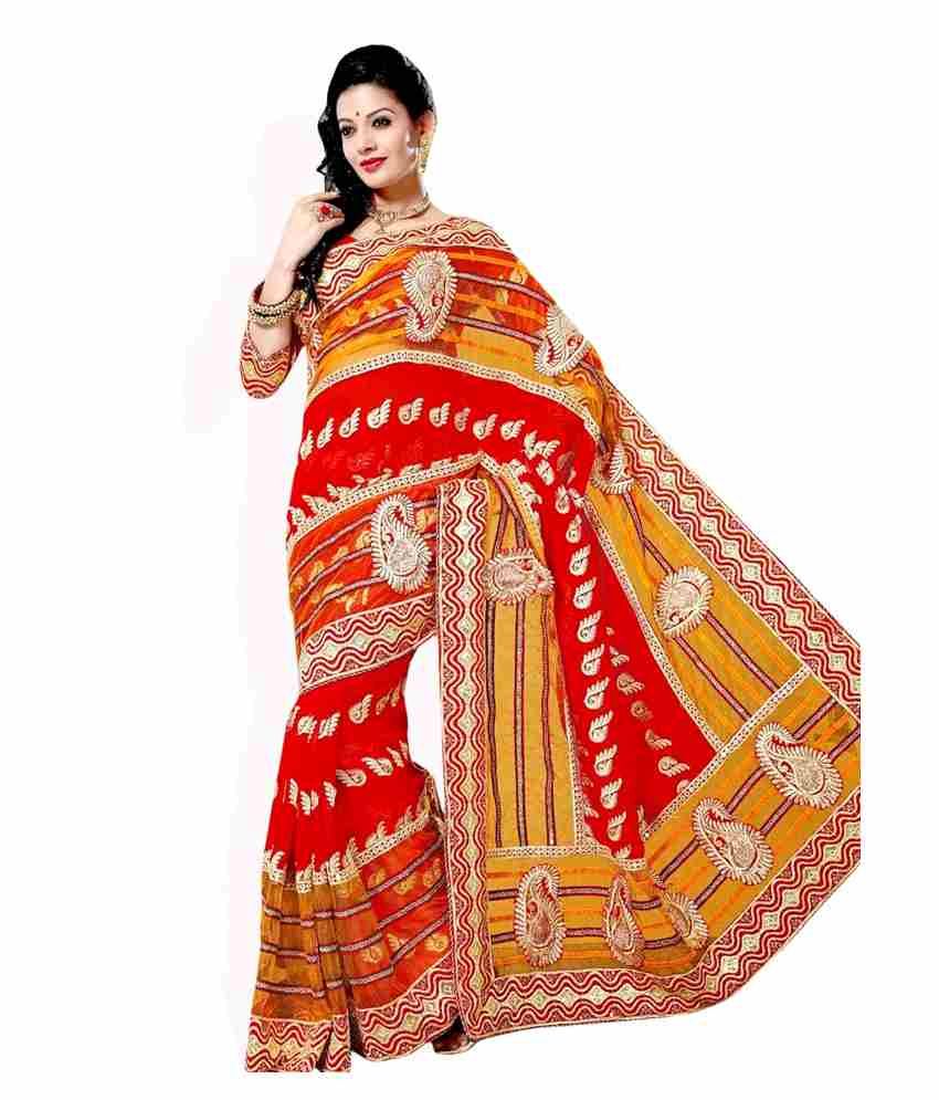 Triveni Red Mustard Queen Embroidered Saree Buy Triveni Red Mustard Queen Embroidered Saree